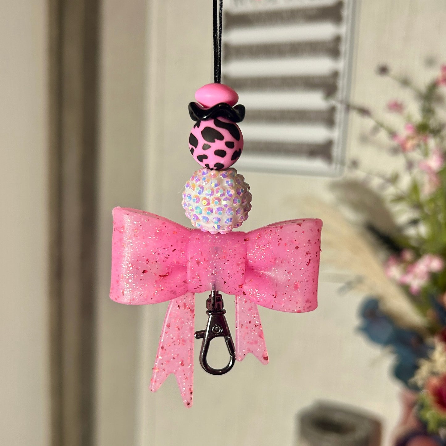 Pink Glitter Bow with Pink Cow Print accent Bead Freshie Hanger