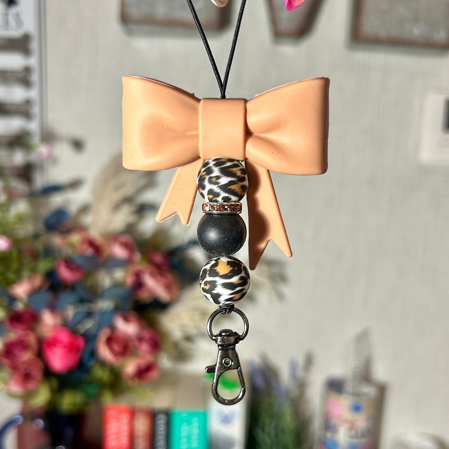 Mocha Brown Bow w/ leopard print beads Freshie Hanger