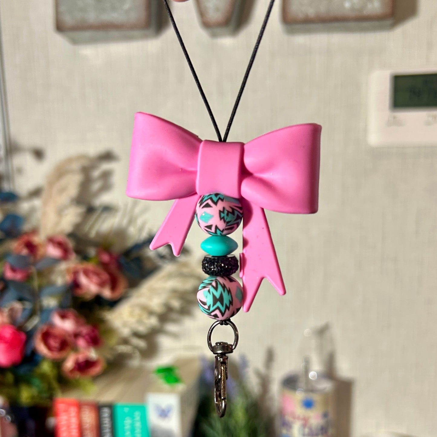Pink Bow w/ Teal Aztec Beads Freshie Hanger