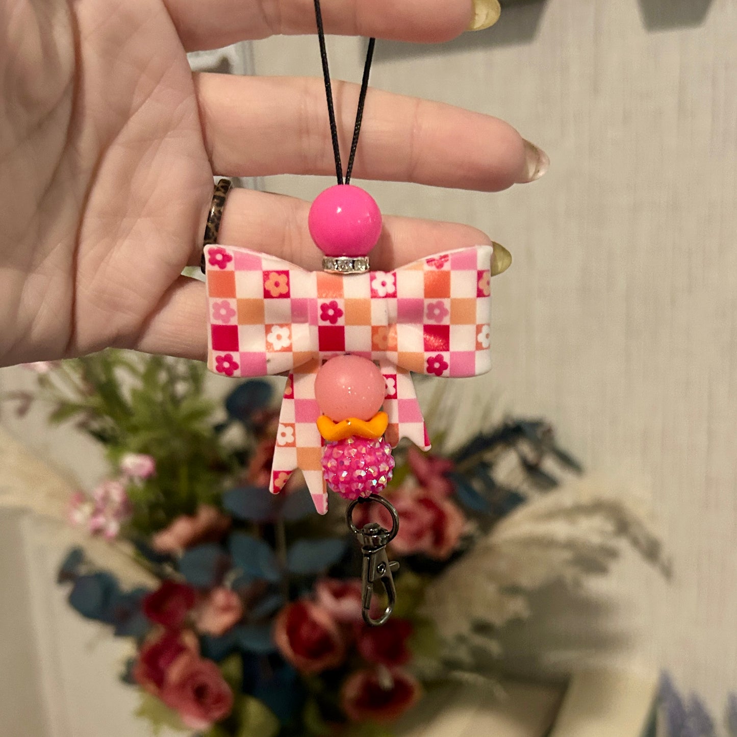 Pink / Orange Checkered Bow Freshie Hanger