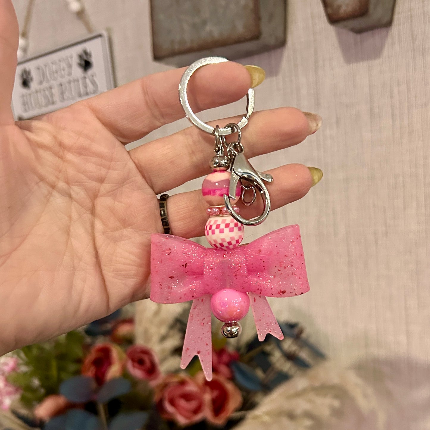 Glitter Pink Bow Keychain