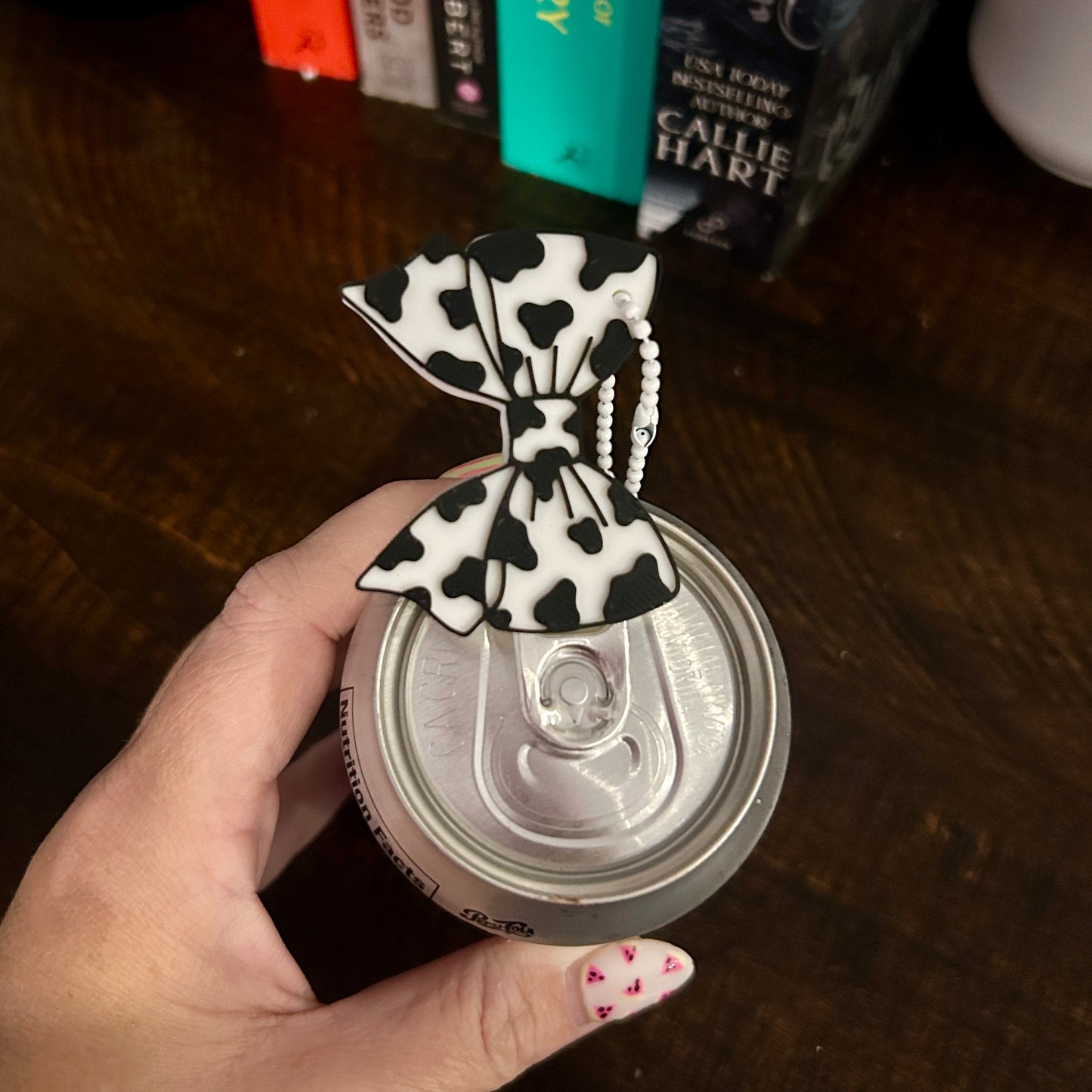 Nail Saver Pop Tab Keychain - Black & White Cow Print Bow