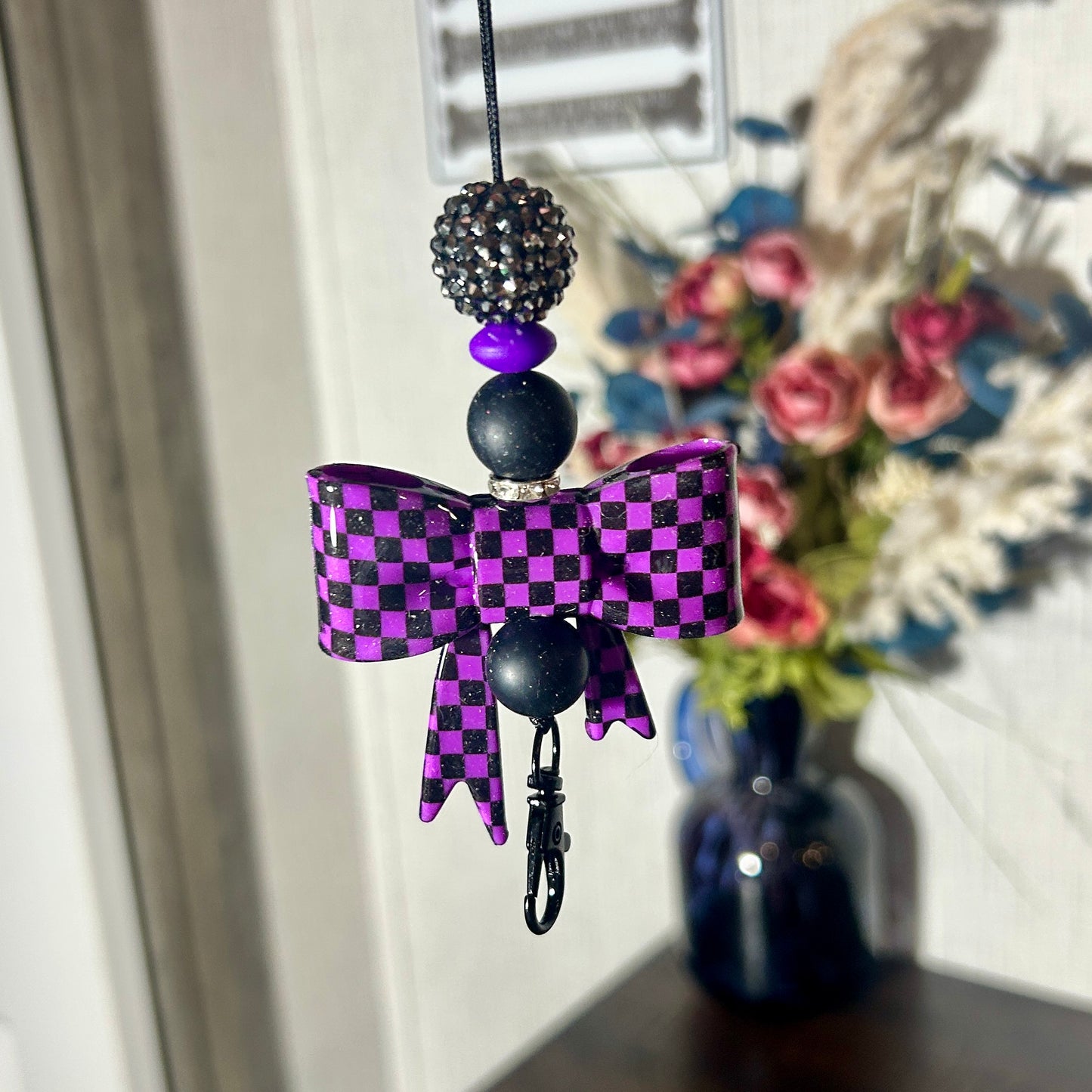 Dark Purple Checkered Bow Freshie Hanger