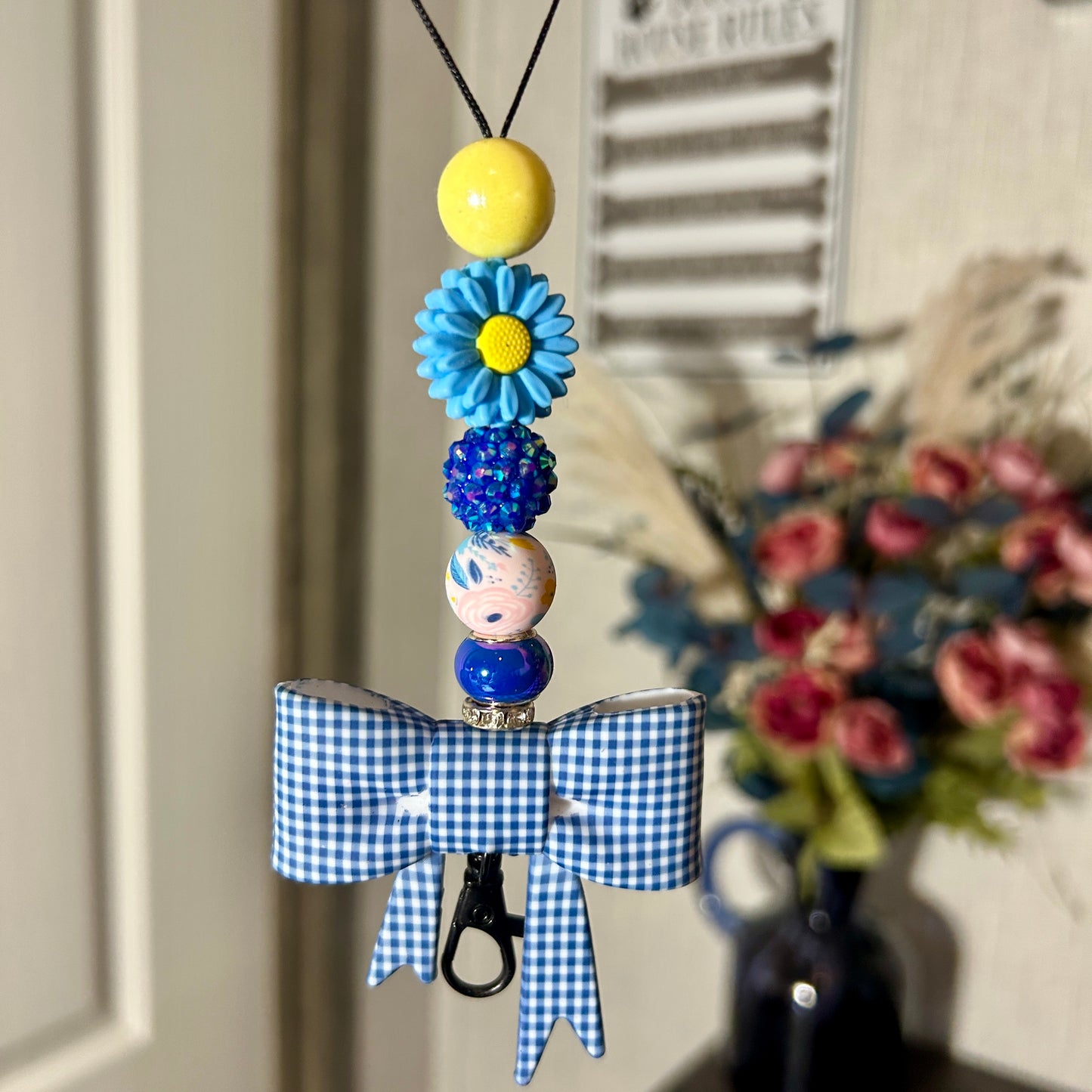 Gingham Blue Bow Floral Hanger