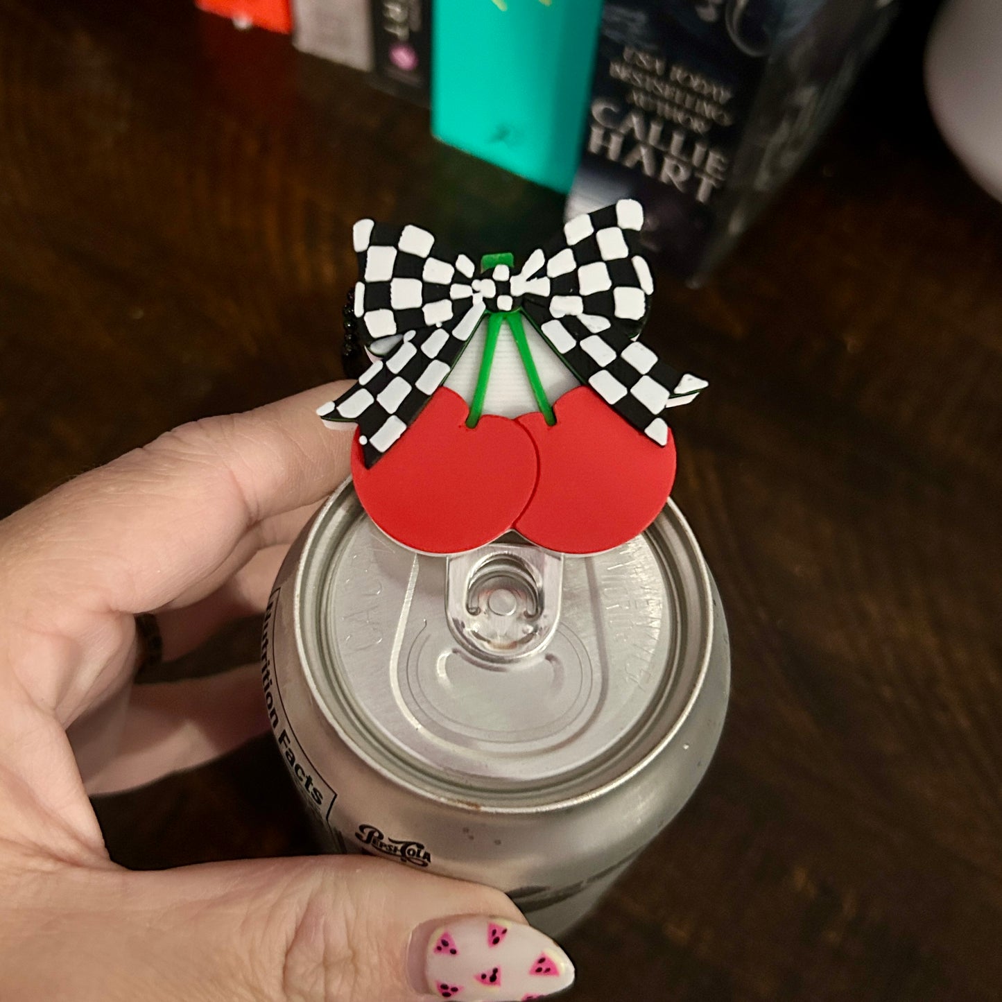 Nail Saver Pop Tab Keychain - Cherry Checkered Bow