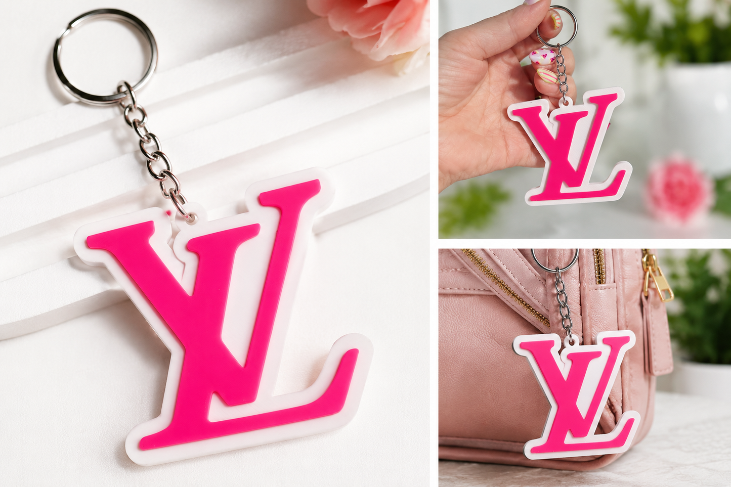 Designer Inspired Keychain / Bag Charm _ Pink / White
