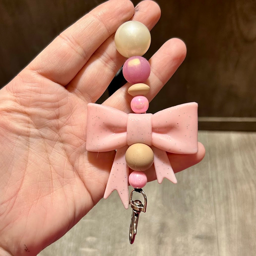 Bow Car Freshie Hanger |Light Pink Bow, Champagne and tan accent beads