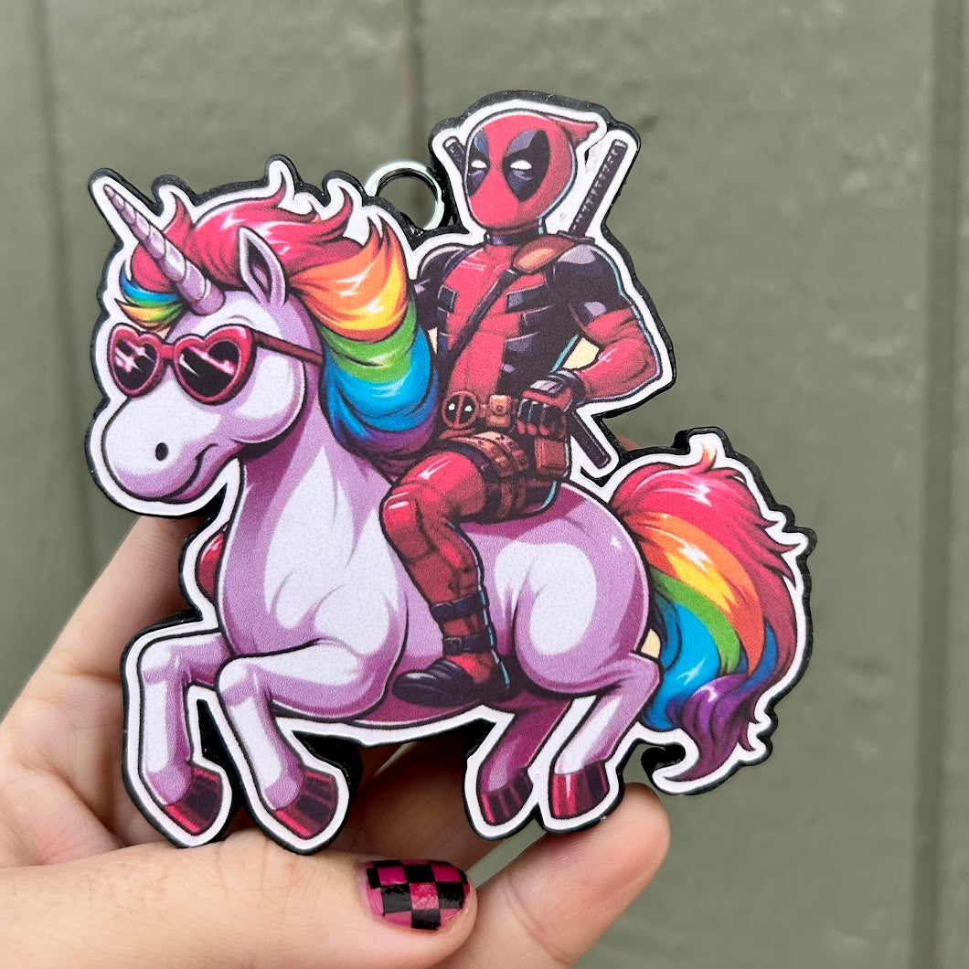 Deadpool Riding a Rainbow Unicorn Freshie Design