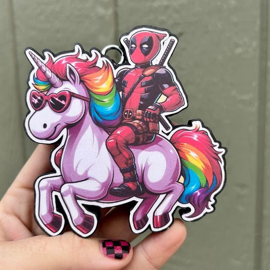 Deadpool Riding a Rainbow Unicorn Freshie Design