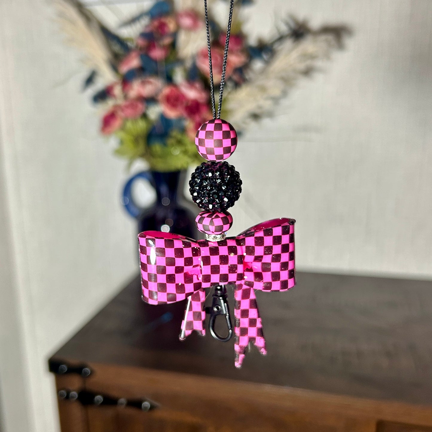 Pink and Black Checkered Bow Freshie Hanger