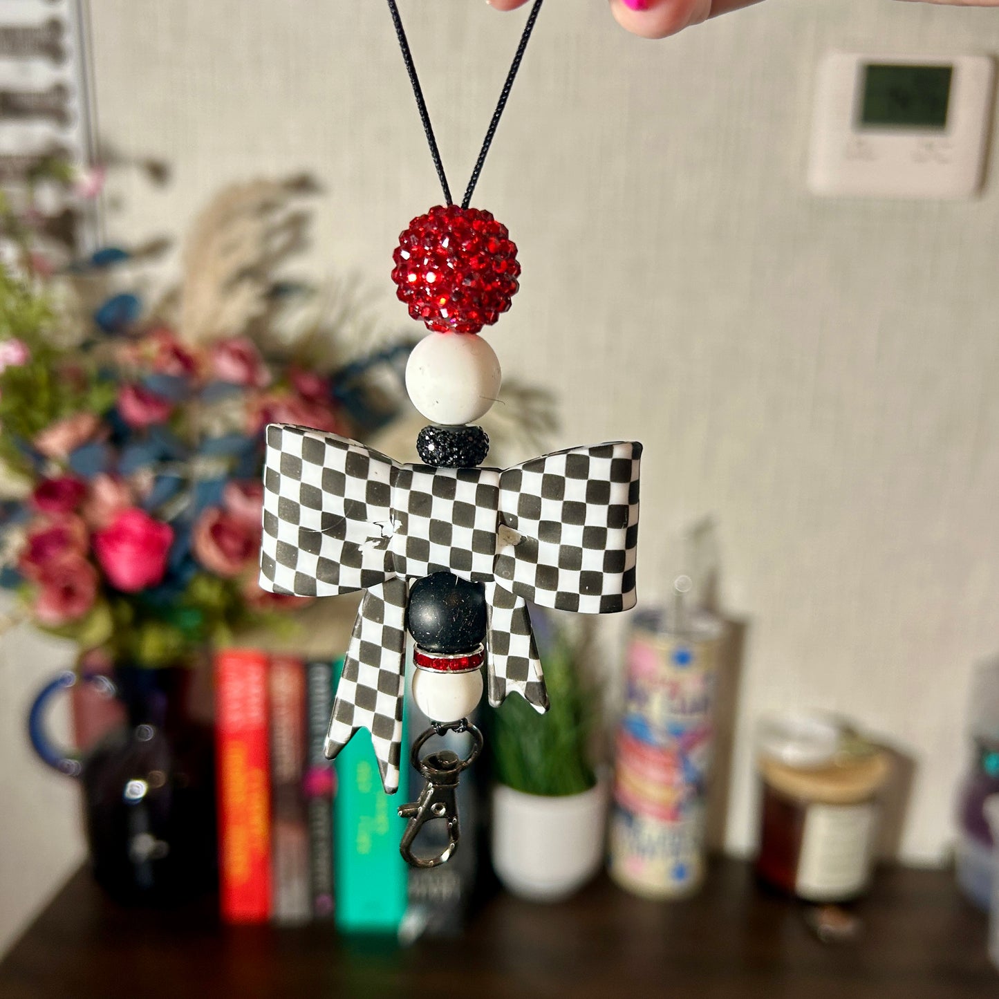Checkered Bow w/ Red accent beads Freshie Hanger