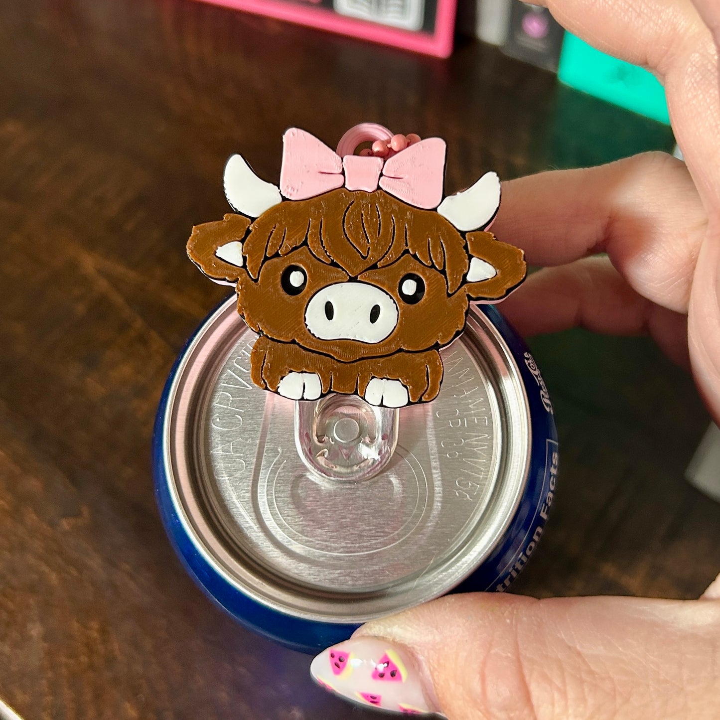 Nail Saver Pop Tab Keychain - Highland Cow / Pink Bow