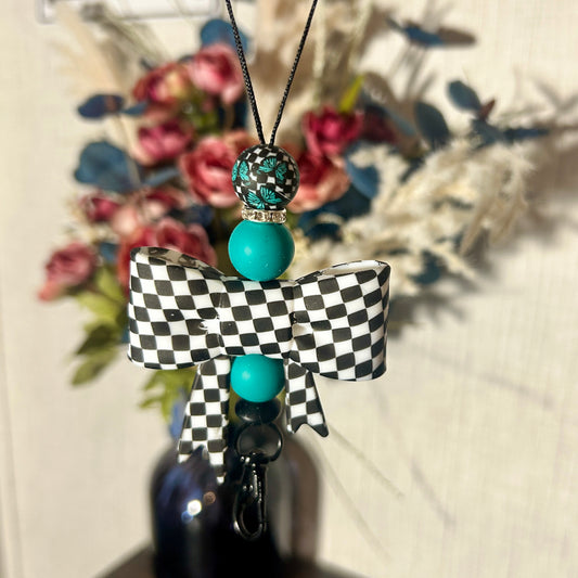 Teal Checkered Bow with Butterfly bead Freshie Hanger