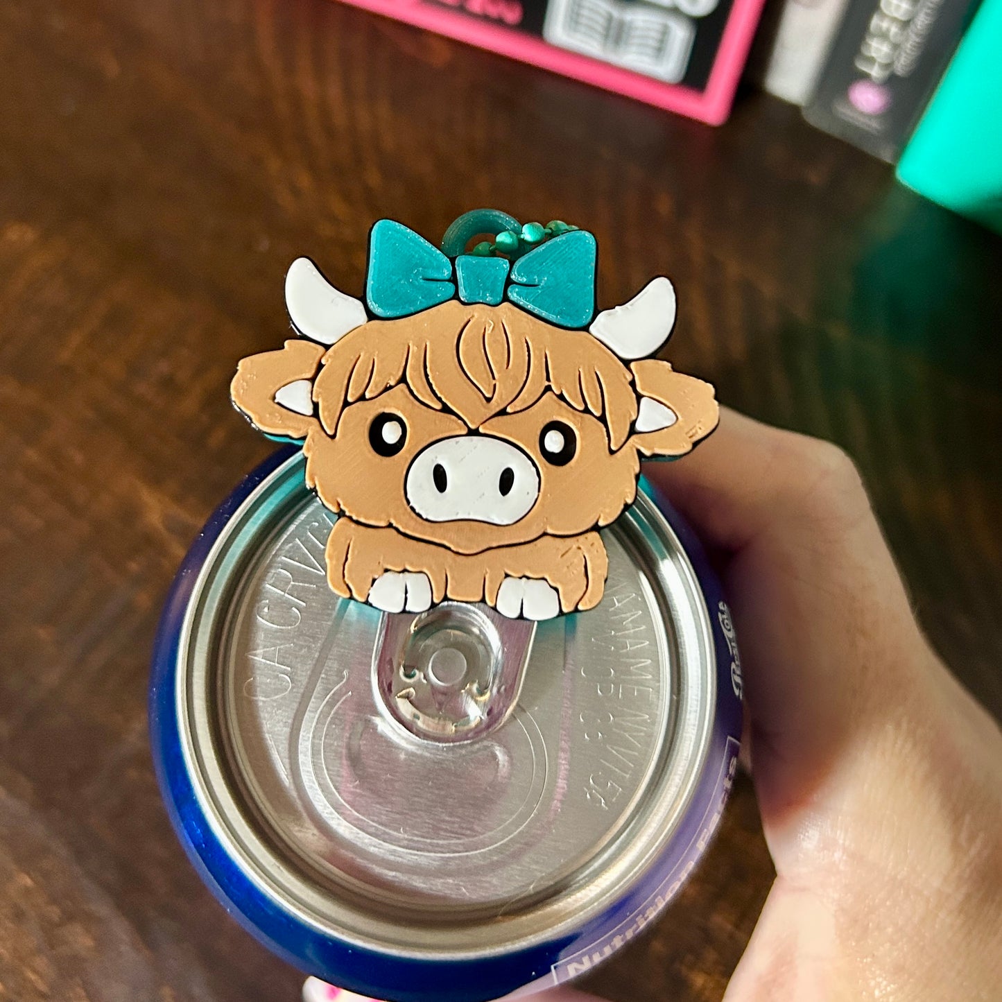 Nail Saver Pop Tab Keychain - Highland Cow w/ Turquoise Bow