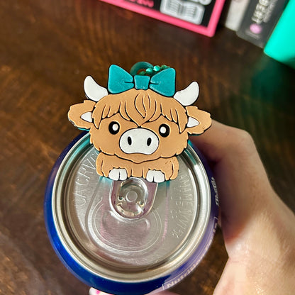 Nail Saver Pop Tab Keychain - Highland Cow w/ Turquoise Bow