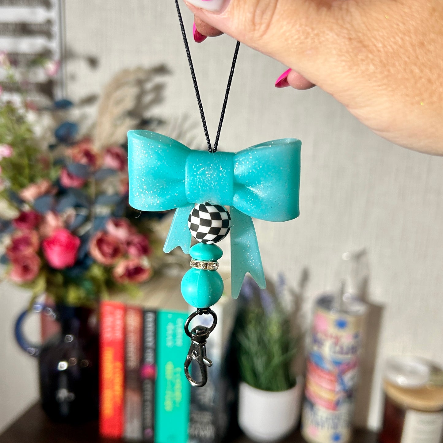Turquoise Bow w/ Checkered Print accent bead Freshie Hanger