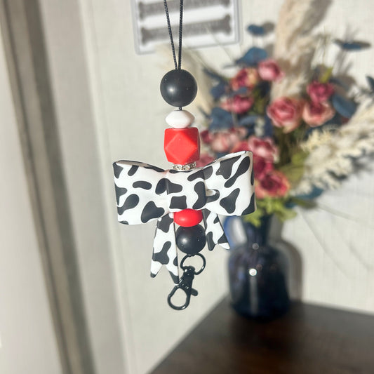 Red and Cow Print Bow Freshie Hanger