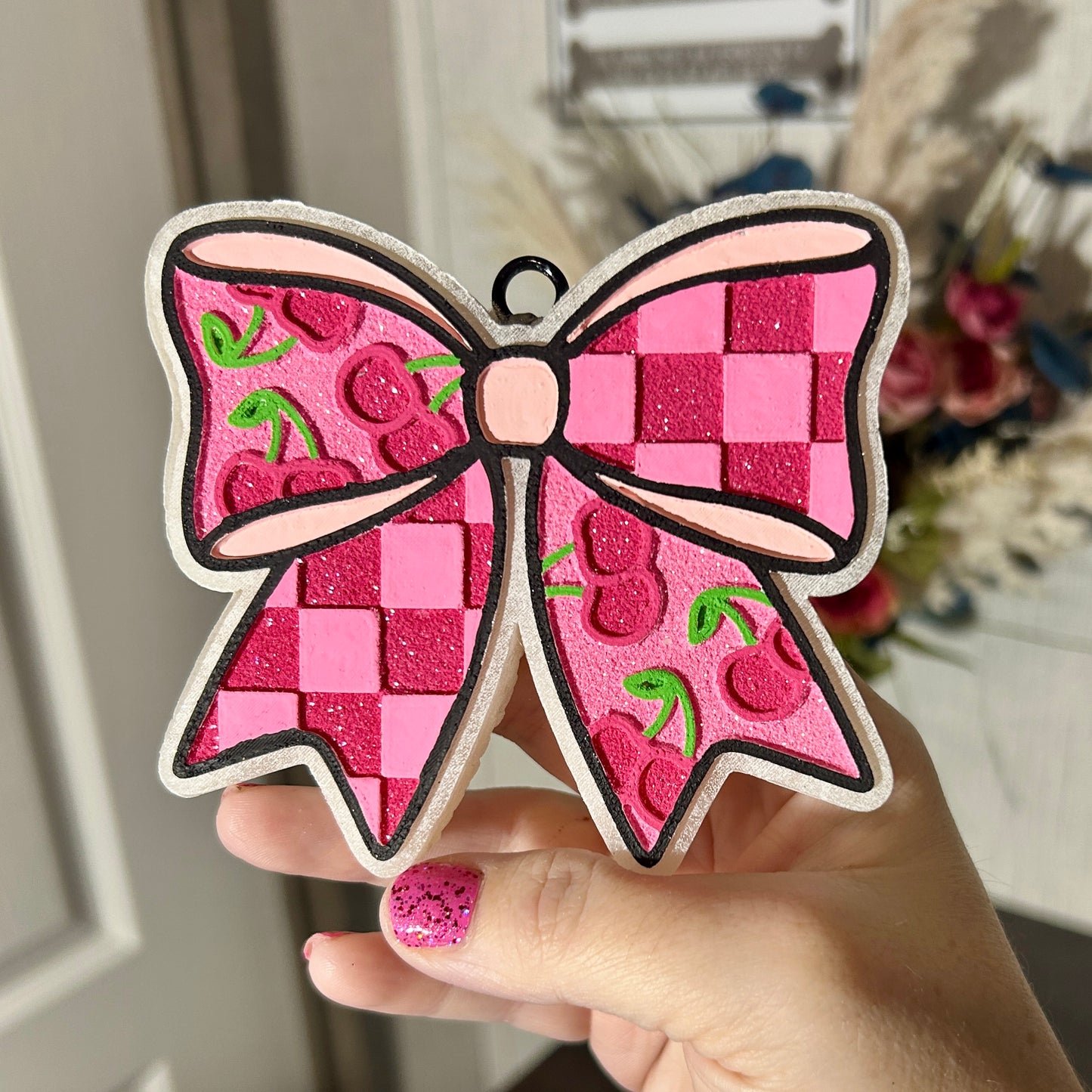 Checkered Cherry Bow Design