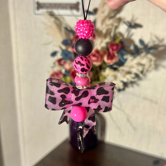 Pink Cheetah Print Bow Black Rhinestone Bead Freshie Hanger