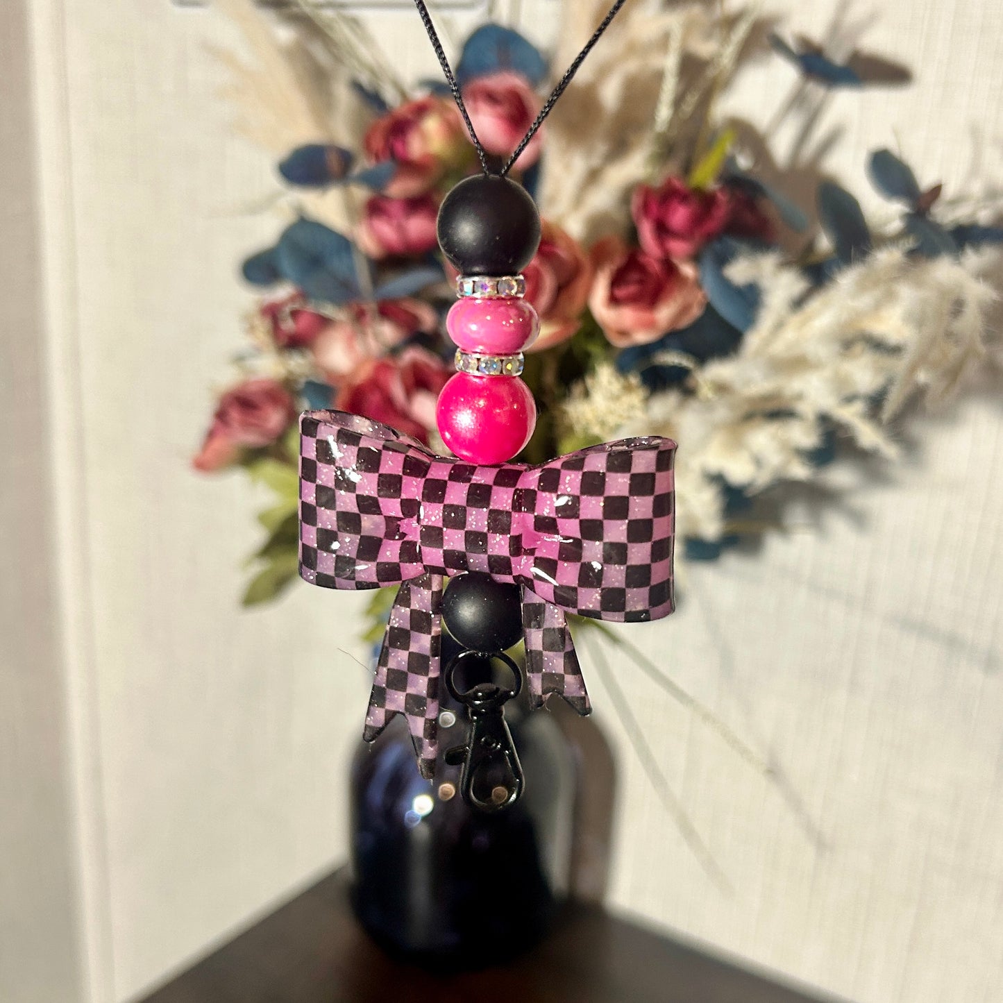 Checkered Pink Bow with Rhinestone Spacers Freshie Hanger