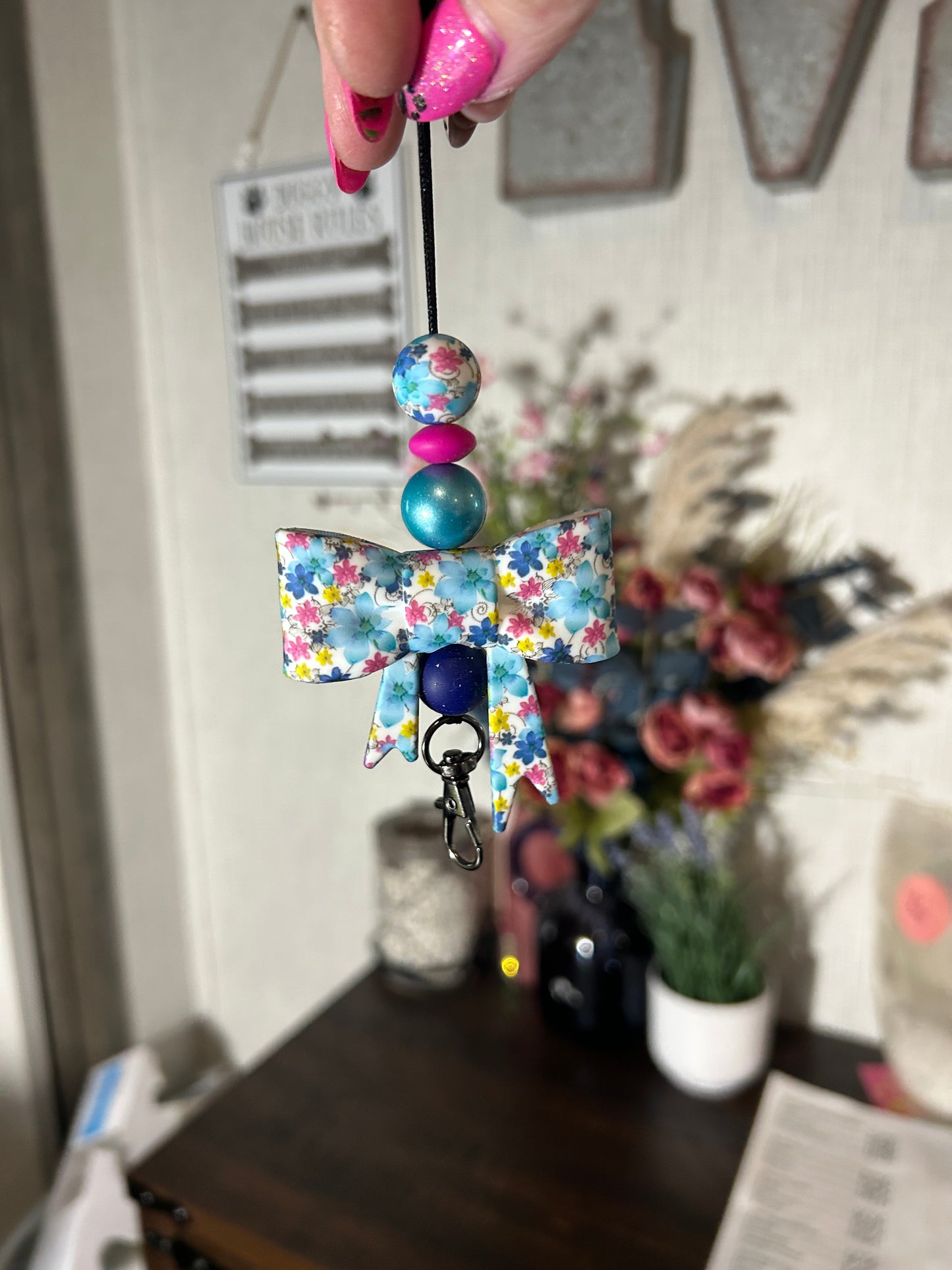 Blue Floral Bow Freshie Hanger
