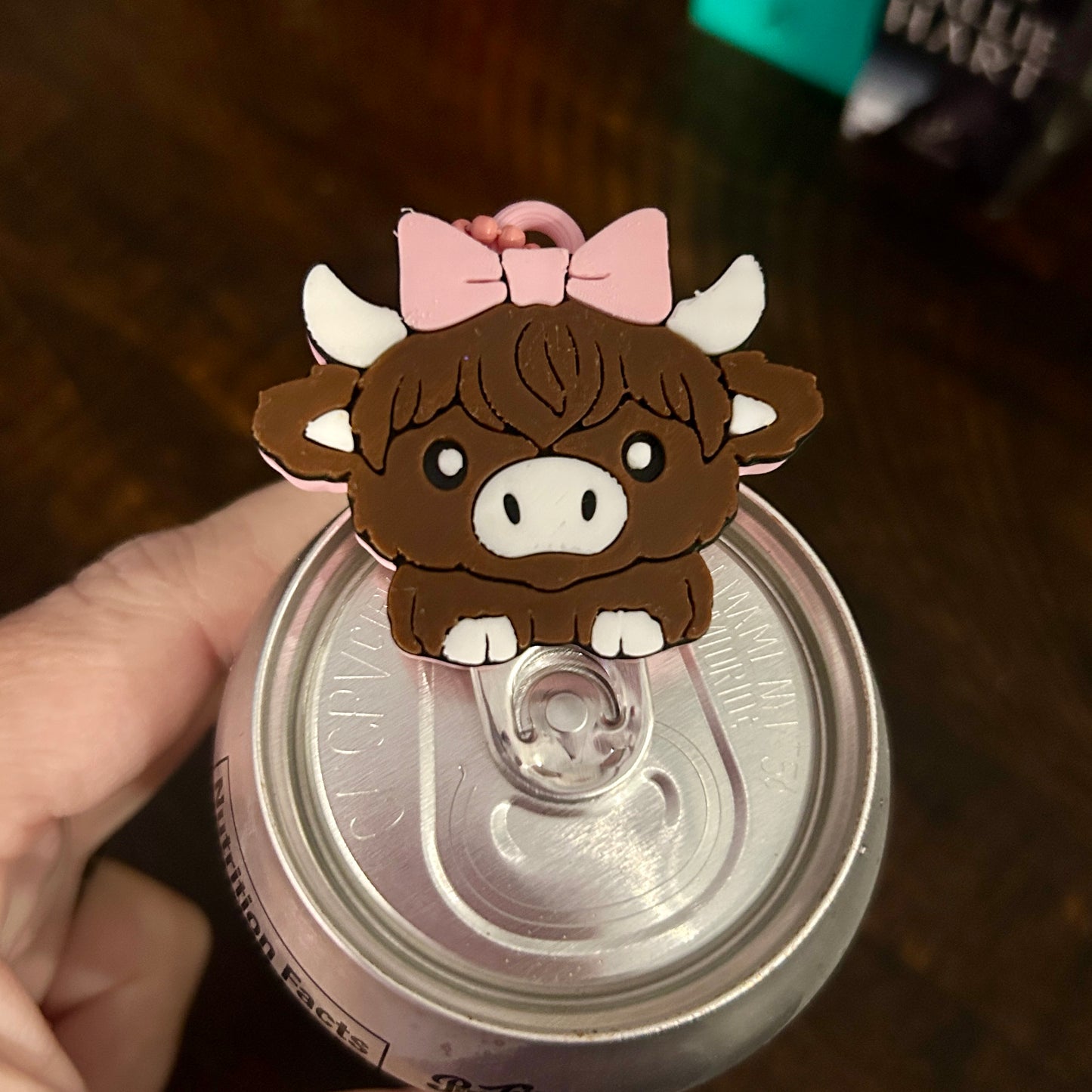 Nail Saver Pop Tab Keychain - Pink Bow Highland Cow