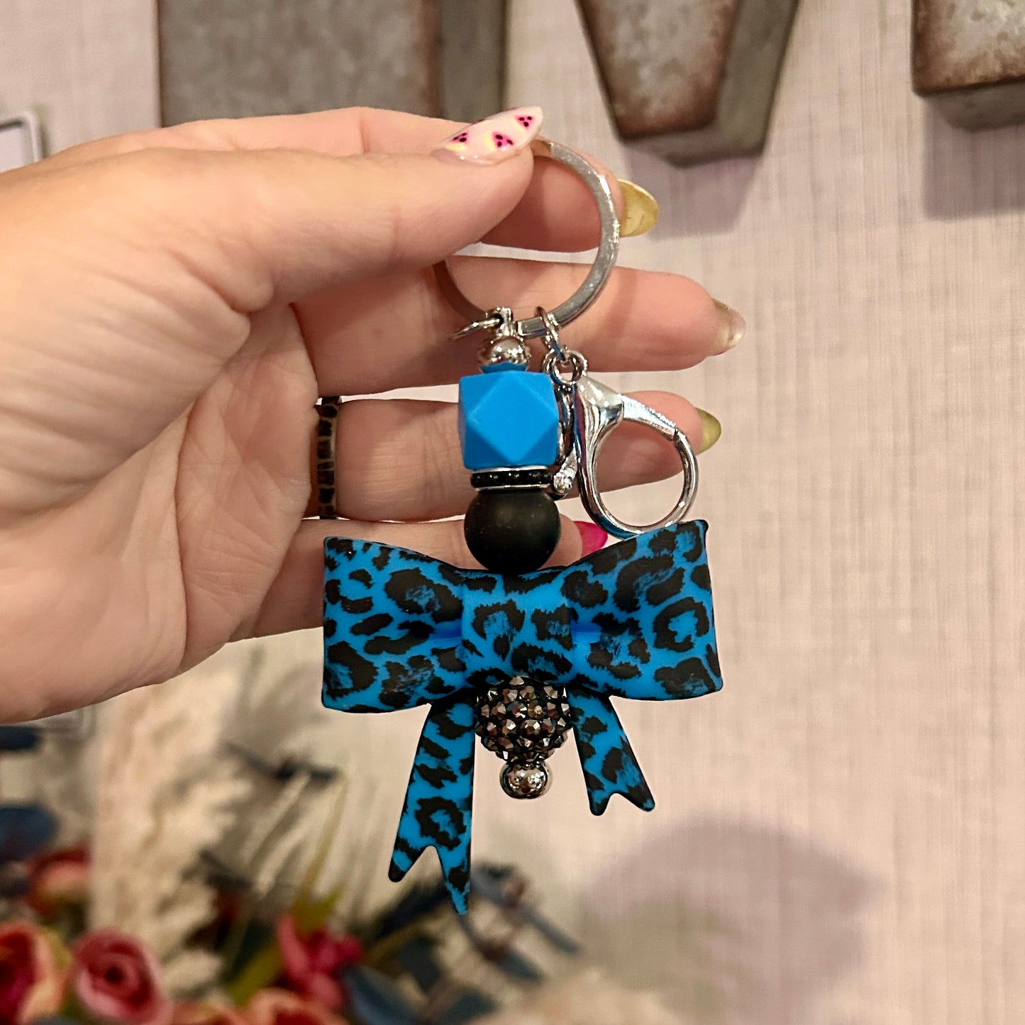 Blue Leopard Print Bow Keychain