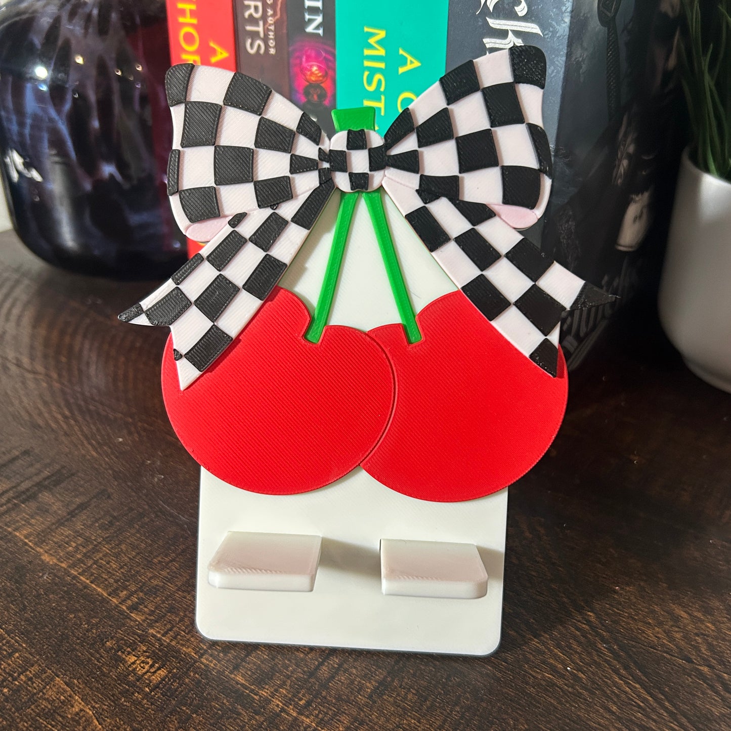 Cherry with Checkered Bow Phone Stand