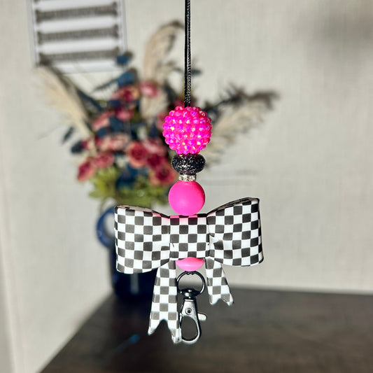 Bright Pink and Checkered Bow Freshie Hanger