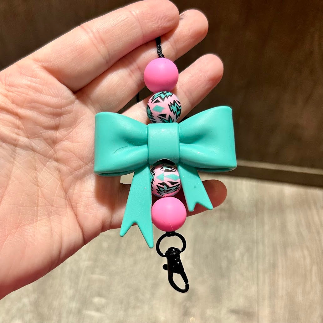 Bow Car Freshie Hanger |Teal Bow, Pink and Teal Aztec Bead