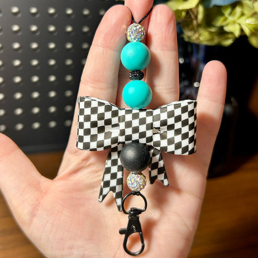 Bow Car Freshie Hanger | Black and White Checkered Bow - Turquoise accent beads