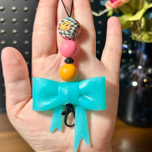 Bow Car Freshie Hanger | Aqua Bow / Checkered Smiley Bead
