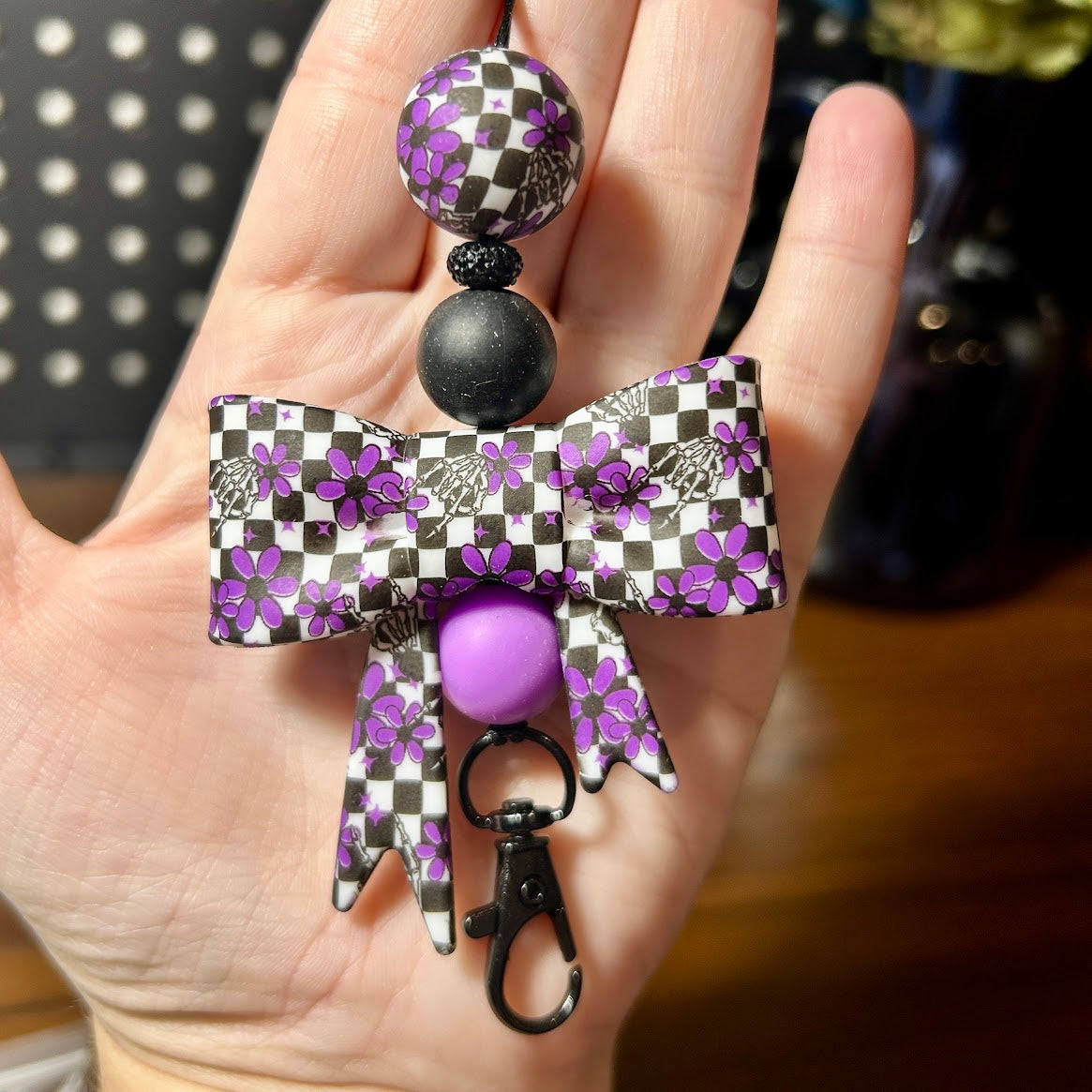 Bow Car Freshie Hanger | Purple Checkered - Skelly Daisy Print